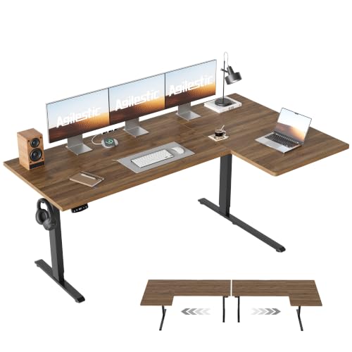 Image of Agilestic 63 Inch Reversible L Shaped Standing Desk, Electric Height Adjustable Desk with Memory Preset, Sit Stand Up Computer Workstation for Home Office, Splice Board, Dark Walnut