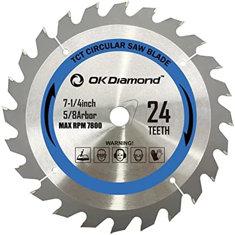 OKDIAMOND 7 1/4 Inch TCT Circular Saw Blade for Cutting Wood 24T, 5/8-Inch Arbor, Tungsten Carbide Tipped Cut Off Wheel for Laminate, Veneered Plywood & Hardwoods -7 1/4