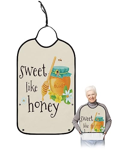 LEOKOTI Farmhouse Summer Sweet Bee Adult Bibs for Eating, Waterproof Bibs with Food Catcher & Adjustable Snap Closure, Sweet Like Honey Washable Clothing Protectors Adult Bibs for Elderly Women/Men