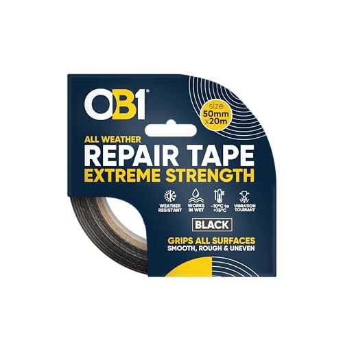 Image of OB1 Black All Weather Repair Tape Extreme Strength - Ultra Strong Waterproof Duct Tape - Maximum Bond Strength - Heat, Water & UV Resistant - Indoor & Outdoor Use - 50mm x 20m Roll