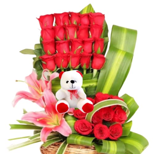 Floralbay Teddy Day Special Fresh Flowers Basket Arrangement of 30 Red Roses and 2 Pink Lilies With 6 Inch Teddy Bear