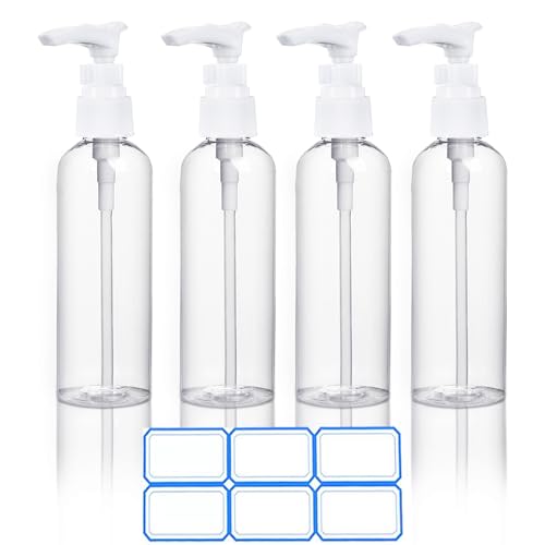 DTDNZKN 4 Pack 3.4 Oz (100ml) TSA Approved Travel Pump Bottles for Toiletries Clear Travel Size Bottles Leak Proof with Labels