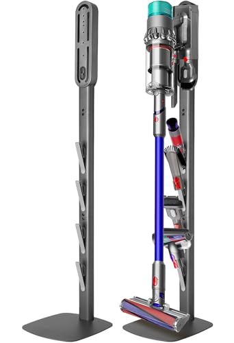 Image of Vacuum Stand for Dyson Gen5 V15 V12 V11 V10 V8 V7 V6 - Stable Metal Holder w /Hidden Cord Management & 4 Hooks, Storage Rack for Dyson Cordless Vacuum & Accessories, Easy Assembly, Dark Gray