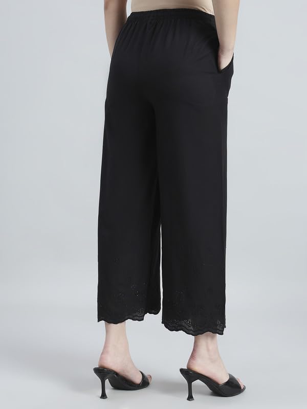 Image of GO COLORS Women Cotton Hakoba Wide Pant Ankle Length, Floral Embroidery, Relaxed Fit, Mid-Rise with Side Pocket