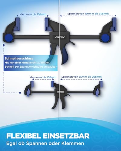 KISTEK® Einhandzwingen Set [4 Stück] - Schnellspannzwinge mit 20-75kg Spannkraft - Carbonstahl Einhandzwinge zum Spannen (85-345mm) & Klemmen (<150mm) - Zwingen Klemmen & Spanner - Schraubzwingen
