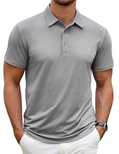 COOFANDY Mens Golf Polo Shirt Short Sleeve Moisture Wicking Quick Dry Performance Sport Casual Stylish Collared Shirts Light Gray