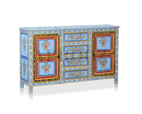 Image of APRODZ Hand-Painted Solid Wood Sideboard Cabinet with 2 Doors & 4 Drawers | Wooden Storage Cabinet for Bedroom Living Room & Kitchen | Crockery Cabinet, Kitchen Storage | Multicolor, 54x16x36 Inches