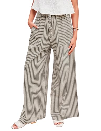 Yeokou Women's Wide Leg Pants Drawstring Striped Cotton Mid Rise Casual Long Palazzo Trousers with Pockets2