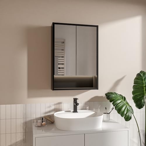 Armadietto Bagno Con Specchio LED 50x70 cm Nero, Mobile Specchio Bagno Sospeso Con Luce LED 4000K, Presa Elettrica e Interruttore, Pensile Bagno Con Ripiani In Vetro, Specchiera Bagno Moderna
