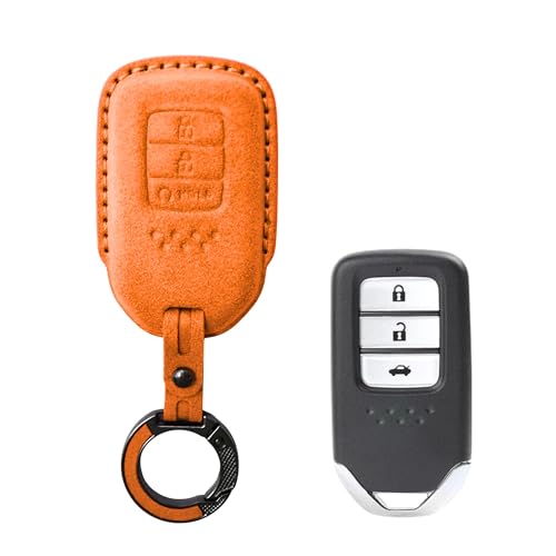 Image of KMH Alcantara Car Key Cover Compatible with Honda City, Civic, Jazz, Amaze, CR-V, WR-V, BR-V Models 3 Buttons Shell Case Holder Full Key Protector Smart Keycover with Keychain (D2) Orange - Pack of 1