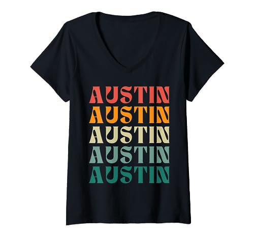 Austin Texas Travel, vintage, estética, retro, puesta de sol Camiseta Cuello V