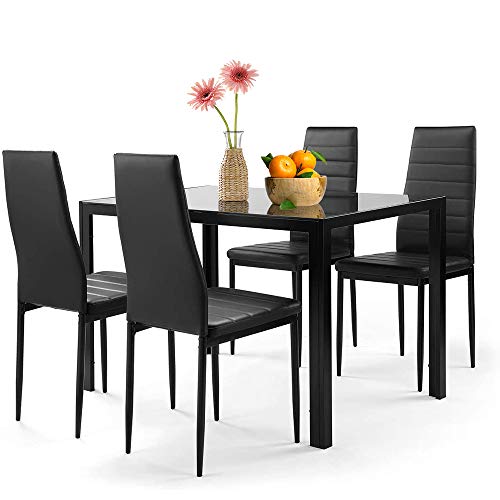 Binrrio 5 Piece Dining Table Set, Rectangle Tempered Glass Top Table with 4 pcs High Backrest Dining Chairs, Kitchen Dining Room Furniture Black Binrrio 5 Piece Dining Table Set, Rectangle Tempered Glass Top Table with 4 pcs High Backrest Dining Chairs, Kitchen Dining Room Furniture Black
