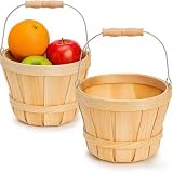 ZILAMGOO 2-Pack Apple Baskets Wooden Bushel Style – Handwoven Round Wood Fruit Baskets with Metal Handle – Rustic Farmhouse Bucket for Produce, Harvest, Holiday Display & Gifting