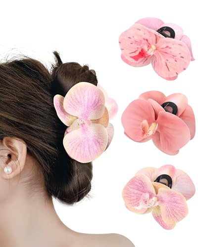 WELROG Orchid Flower Hair Claw Clips 3 Pack - Medium 11cm Spring Hair Claws for Women Hawaiian Beach Hair Clips for Beach Party Wedding