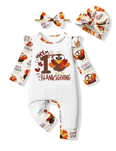 Image of AGAPENG Baby Girl Thanksgiving Outfit My First Thanksgiving Turkey Romper Ruffle Sleeve Jumpsuit with Headband 3Pcs