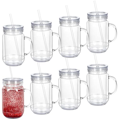 Micellwuu 20 Oz 8 Pack Acrylic Snowglobe Tumbler With Handle, Snow Globe Cups with Pre Drilled Hole, Double Wall Plastic Mason Jars with Handle for Snow Globe Glitter DIY (Clear)