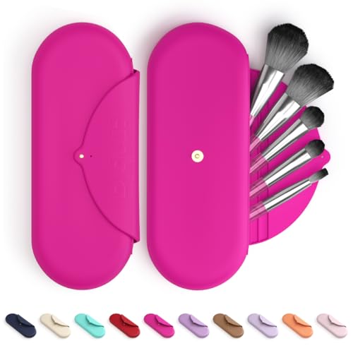 Embla Makeup Brush Holder Travel Cosmetic Case Pouch, Soft Silicone Cosmetic Bag Make Up Brushes Holder with Secure Snap Closure, Travel Makeup Brush Case, Fuchsia