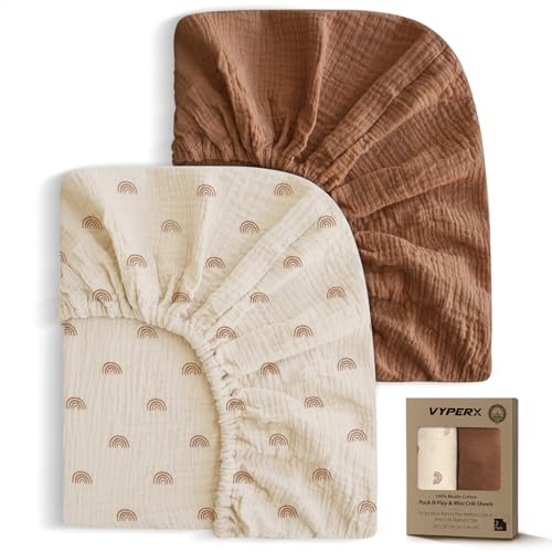 Image of VYPERX Muslin Pack n Play Sheets| 24"x 38", 100% Cotton Mini Crib Fitted Cover Sheets, Fit for Graco Pack n Play and Other 27" x 39" Playard Mattress, Neutral Color for Baby Boy & Girl, 2 Pack Rainbow