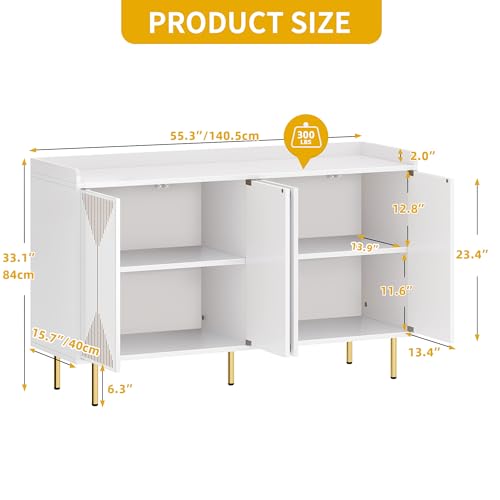 DWVO 55" Kitchen Storage Cabinet with Carved Design Door, Adjustable Shelves, Modern Sideboard Buffet Cabinet with Storage for Hallway, Kitchen or Living Room, White/Gold