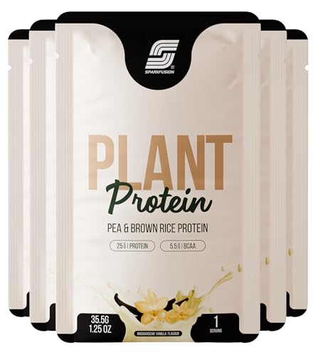 Image of SparkFusion Plant Protein Powder | Pea & Brown Rice Protein | 25g Protein per Sachet | 5.5g BCAA | Vegan, Gluten Free, Sugar Free | Madagascar Vanilla Flavour | Pack of 10 Sachets