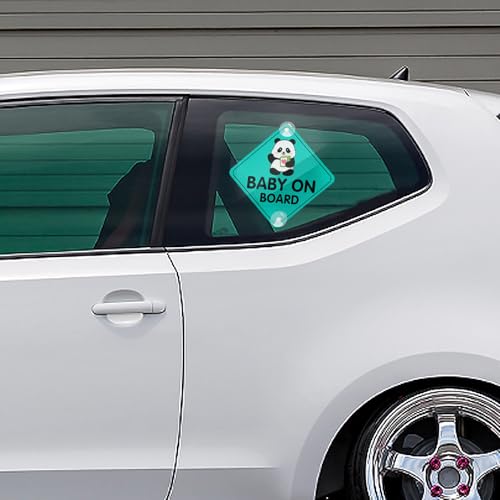 Image of Baby On Board Sticker for Cars, Cute Panda PVC Car Suction Cup Kids On Board Safety Warning Sign for Car Rear Side Window (1PCS, Suction Cup, Mint Green)
