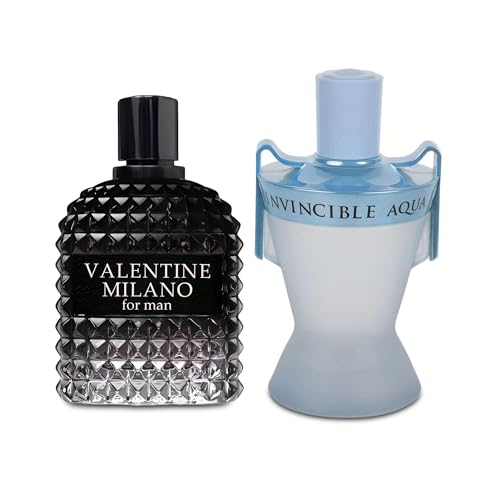 Image of AFLUXE 2PCS Valentine Milano /Invincible Aqua Eau De Toilette for Men-Fresh,Romantic Scent Perfume for Men 3.4 Fl Oz Each Mens Cologne For All Skin Daily Used