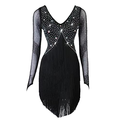 LIUHUO Girl's Latin Dance Dress Stretchable Handmade Diamonds Comfortable Performance Costume Black