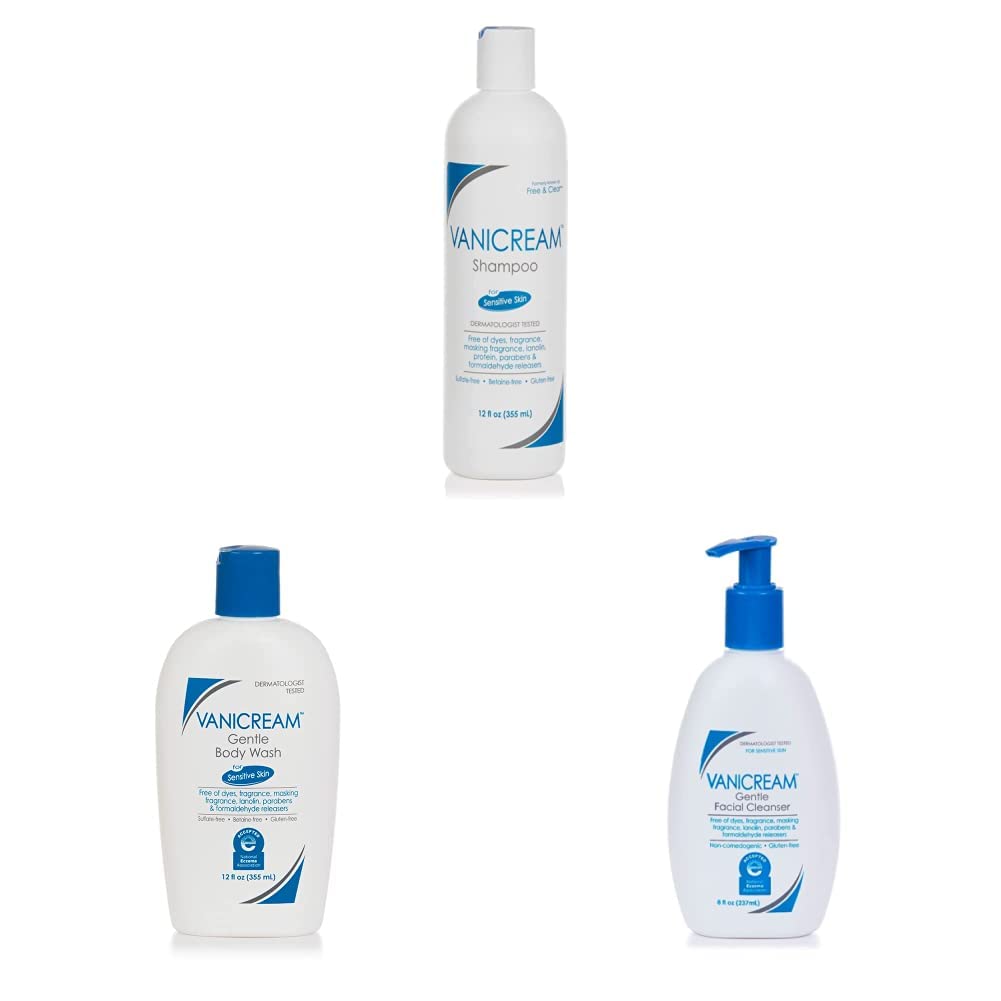 Vanicream Shampoo 12 Fl Oz Gentle Facial Cleanser with Pump Dispenser 8 fl oz Gentle Body Wash 12