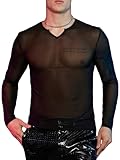 WDIRARA Men's Mesh See Through Tee Notched V Neck Long Sleeve Slim Fit Concert Rave T-Shirt Tops Black M