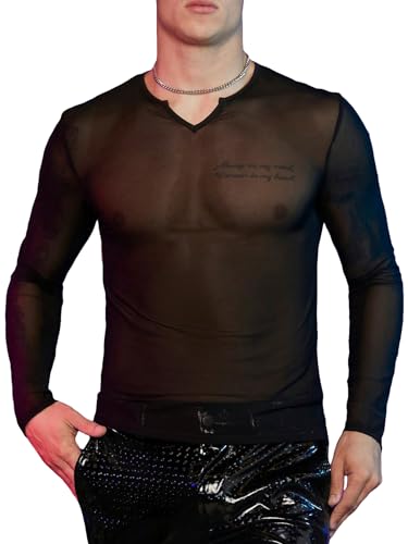 WDIRARA Men's Mesh See Through Tee Notched V Neck Long Sleeve Slim Fit Concert Rave T-Shirt Tops