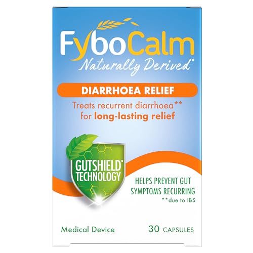 Fybocalm Diarrhoea relief 30 capsules Naturally derived Diarrhoea relief for adults long-lasting relief for IBS-related constipation Clinically proven Gluten free Lactose free