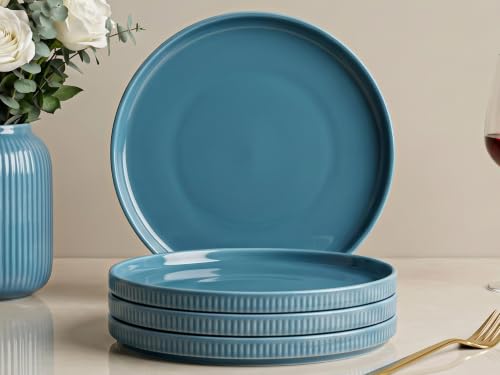 Image of Bodhi House 4-Piece Ribbed Porcelain Dinner Plate Set, 4 Dinner Plates, Chip Resistant, Lightweight, Microwave & Dishwasher Safe Crockery Set for Home, Dining & Gifting, True Blue
