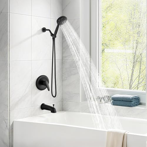 Image of gotonovo Bathroom Shower Head Kit High Pressure Combo System Shower Faucet 6 Modes ABS Handheld Spray Shower Trim Kit Valve Included Shower Head and Handle Set Matte Black