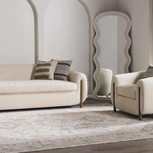 Image of Hauteloom Balfour Hallway, Kitchen Runner Rug - Medallion Geometric Border Floral Diamond - Traditional Oriental Transitional Oushak Turkish - Natural Gray, Cream, Gray, Beige, Blue - 2'7 inch x 7'3 inch
