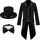 Men Adult Steampunk Vintage Tailcoat Jacket Costumes, Black Medieval Gothic Vintage Tailcoat and Black Hat Bow Tie (Large)