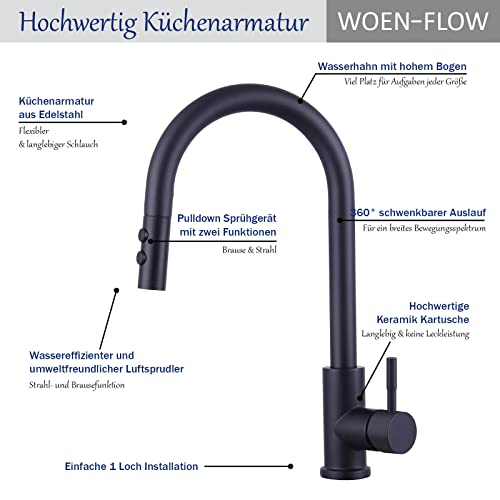 Wasserhahn Küche Schwarz, Hochdruck Küchenarmatur Ausziehbar 360° Schwenkbar, Einhebel Spültischarmatur mit Brause 2 Modi, Hoher Bogen Mischbatterie Küche, Armatur Küche Ausziehbar Edelstahl