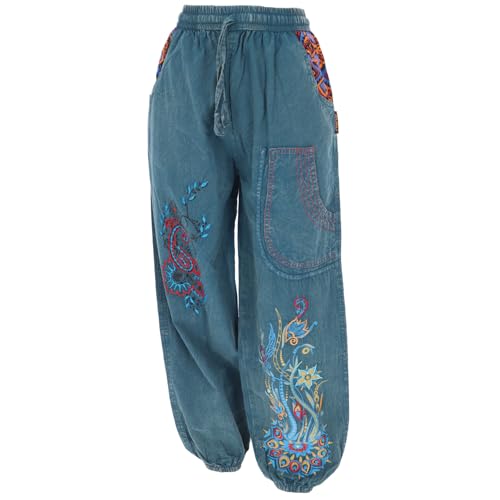 GURU SHOP Weite Pluderhose mit Breitem Bund Blumenstickerei - Jeansblau Damen Size:XL