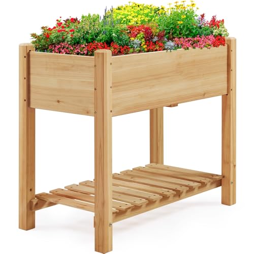 Yaheetech Carré Potager sur Pied en Bois avec Plateau Intérieur Extérieur Structure Ergonomique Trous de Drainage pour Balcon/Jardin