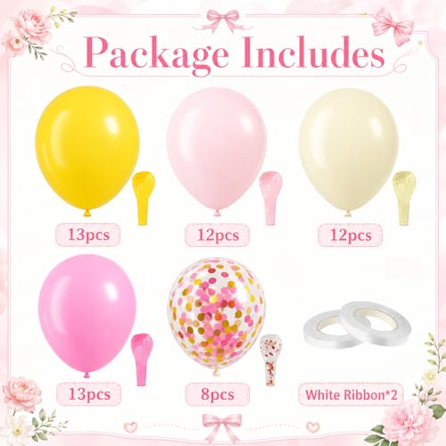 Image of Pink and Yellow Balloons, 60 Pcs 12 Inch Light Pink Hot Pink Yellow Ivory Balloons with Pink Gold Confetti for Birthday Baby Shower Graduation Decorations