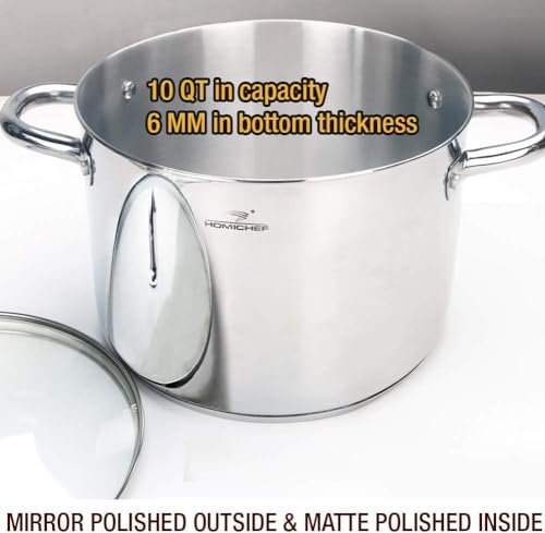 HOMICHEF 10 Quart Stock Pot With Glass Lid - Nickel Free Stainless Steel 10 Qt Pot With Handle - Mirror Polished Stock Pot 10 Quart - Induction Pot Cooking Pot With Lid - Healthy Stock Pot - Thumbnail 2