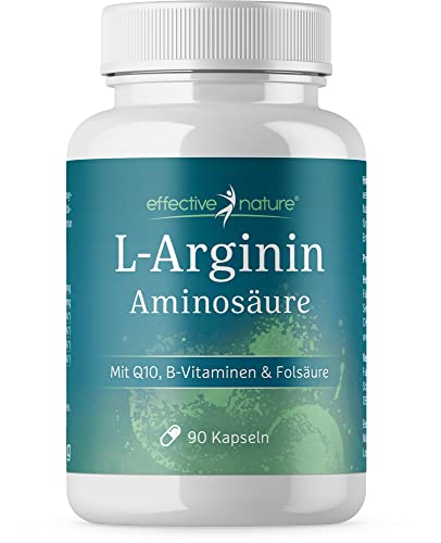 effective nature - L-Arginin mit Q10 und Folsäure - 90 Kapseln - Mit Vitamin B3, B6 & B12 - Auch für Veganer geeignet - 1840 mg L-Arginin und 100 mg Q10 pro Tagesdosis - Hochdosiert
