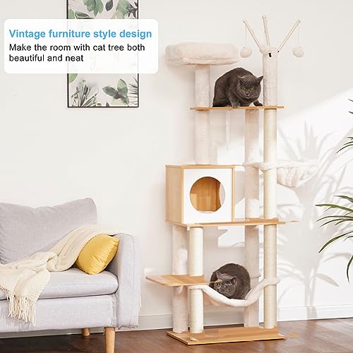 Image of Hey-brother Wooden Cat Tree, 66.1 inch Cat Furniture with Scratching Posts, Modern Cat Tower with hammocks, Toys, cat condo, Walnut MPJ120WB