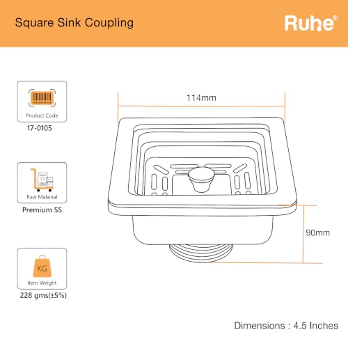 Image of Ruhe Square Sink Coupling for Kitchen Sink (4.5 Inches) | Stainless Steel Kitchen Sink Coupling Drain Outlet and Connector | Rust-Free, Corrosion-Resistant | Silver
