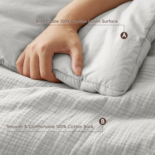 Image of PHF Cotton Muslin Comforter Set King, Ultra Soft Breathable, Light Grey