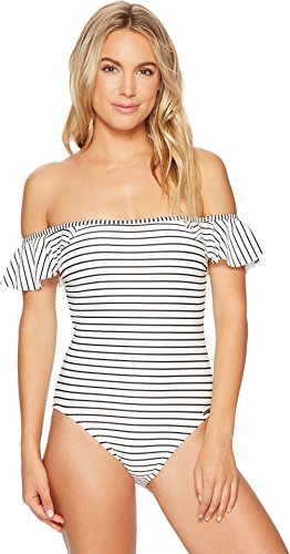 Vince Camuto Women's Off The Shoulder Ruffle One Piece Swimsuit with Removable Straps, Blossom Black, 8