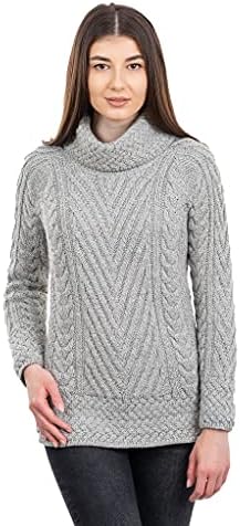 SAOL Ladies Turtleneck Ribbed Irish Cable Knit Sweater (Grey, Small)