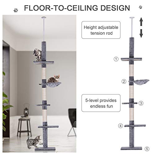 Pawhut 9' Adjustable Height Floor-To-Ceiling Vertical Cat Tree - Grey And White #TOP4