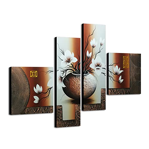 Wieco Art Large Size Decorative Elegant Flowers 4 Panels 100% Hand-painted Modern Contemporary Artwork Floral Oil Paintings on Canvas Wall Art for Home Decorations Wall Decor L