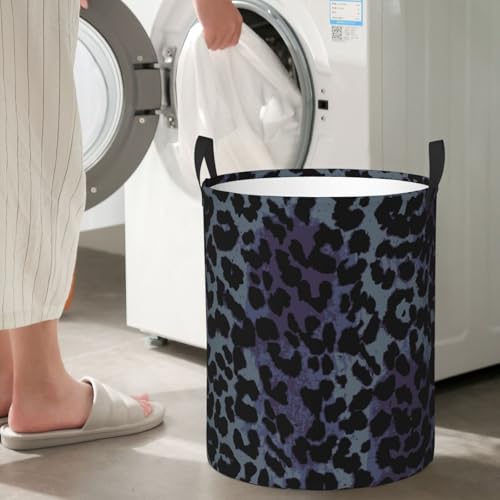 Image of Black Grey Leopard Round Laundry Hamper Storage Basket Toys Clothes Organizer Bin For Home Bathroom Bedroom Dorm Nursery, 62l