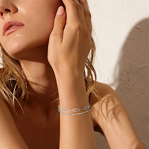 Milacolato 925 Sterling Silver Clasp Paperclip Chain Bracelets 14K White Gold Plated Solid Paperclip Chain Women Bracelet Adjustable Layered Satellite Beads Bracelets For Women Girls #TOP3